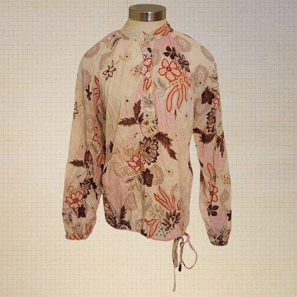 grizzly 90s Boho Floral Cotton Tunic Top Puff Sleeve Tie Hem Large - Picture 1 of 9